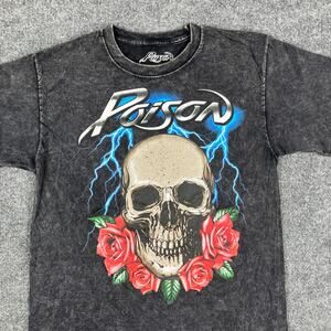 Poison T-Shirt Men's S Black Skull Roses Acid Wash Graphic Rock Band Tee